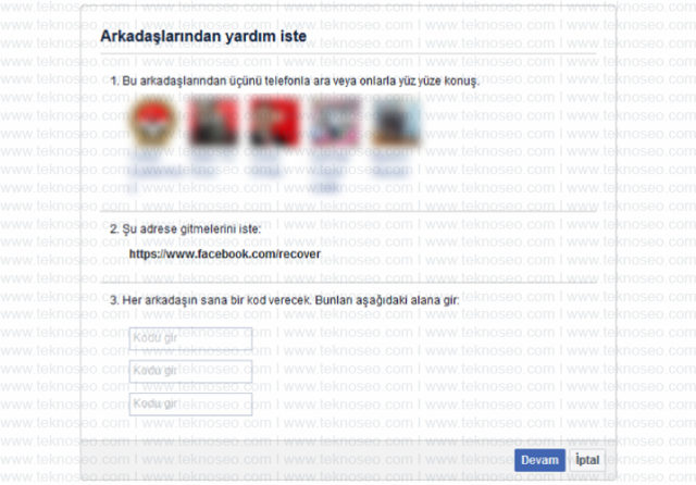 facebook,şifremi unuttum,kimlik ibrazı,güvenilir kişilerden yardım isteme,sorun bildir,kod gelmiyor