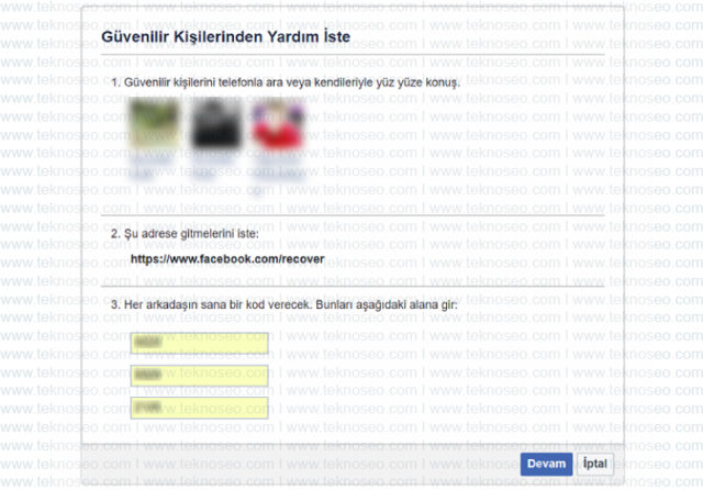 facebook,şifremi unuttum,kimlik ibrazı,güvenilir kişilerden yardım isteme,sorun bildir,kod gelmiyor