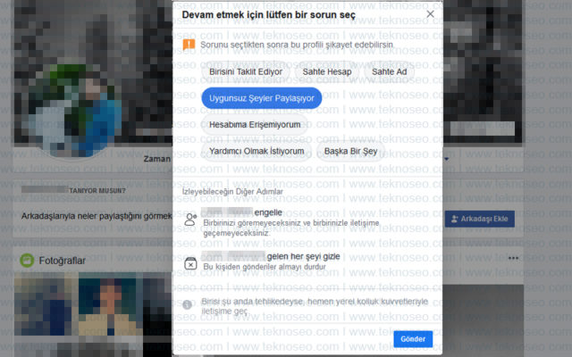facebook,şikayet et,uygunsuz şeyler paylaşıyor,sahte hesap,birisini taklit ediyor,sahte ad