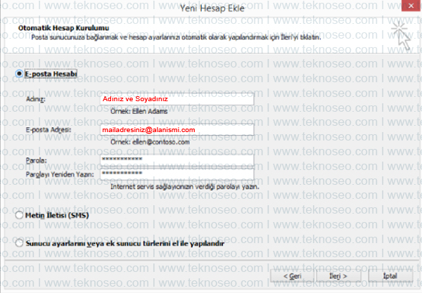outlook,yandex,kurulum,gelen sunucu,giden sunucu