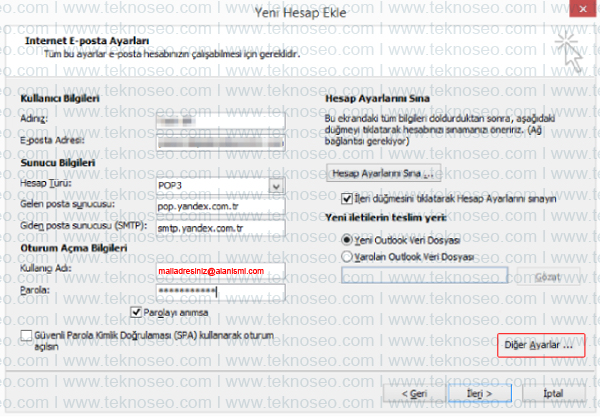 outlook,yandex,kurulum,gelen sunucu,giden sunucu