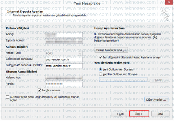 outlook,yandex,kurulum,gelen sunucu,giden sunucu