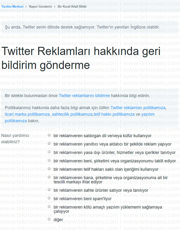 twitter reklam şikayeti,twitter tescilli marka ihlali bidirme,twitter kural ihlali bildirme,twitter sahte ürün şikayeti,twitter telif hakkı içeren reklamı şikayet etme