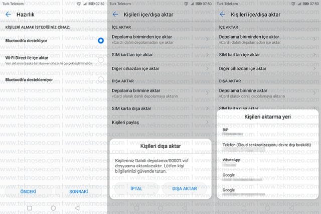 huawei,içe aktar,dışa aktar,sim karttan içe aktar,rehber yedekleme,sim karta aktar