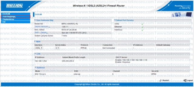 billion,bipac 8400nxl r2,modem kurulumu,arayüz giriş şifresi,kablosuz kurulumu,hızlı kurulum