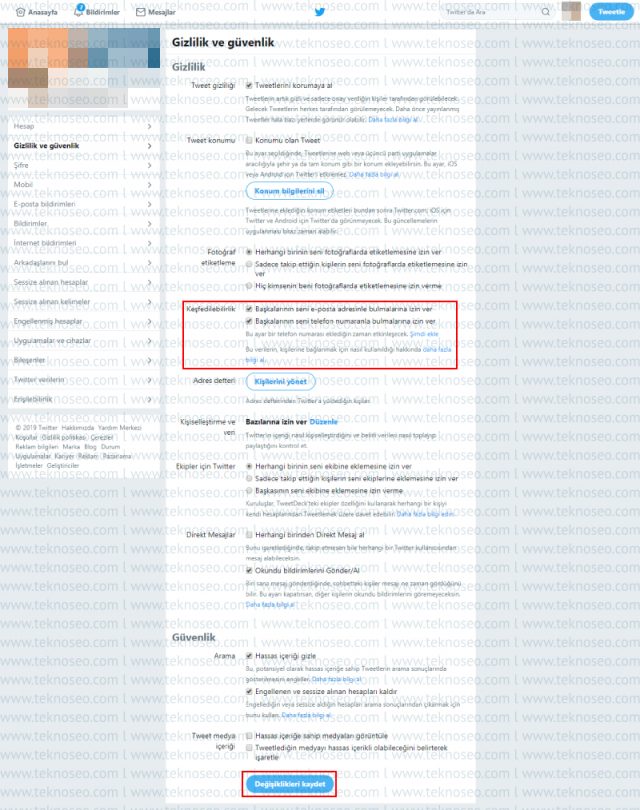 twitter,başkalarının beni e-posta adresimden bulmalarına izin ver,başkalarının beni telefon numaramdan bulmalarına izin ver,gizlilik ayarları,başkalarının beni bulmasını engelleme