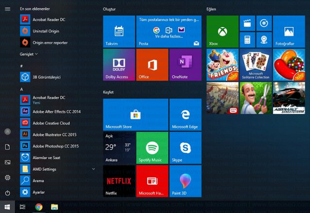 windows 10,başlat menüsü,kişiselleştirme,başlangıç,ayarlar