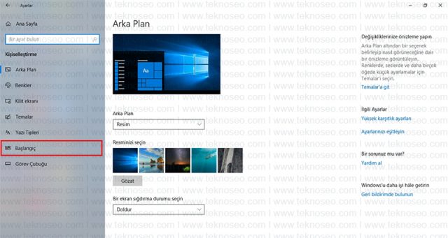 windows 10,başlat menüsü,kişiselleştirme,başlangıç,ayarlar