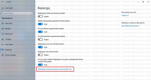 windows 10,başlat menüsü,kişiselleştirme,başlangıç,ayarlar