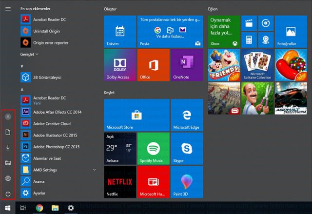 windows 10,başlat menüsü,kişiselleştirme,başlangıç,ayarlar