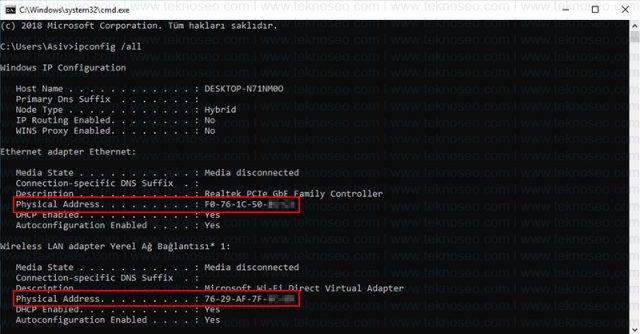 windows,ethernet,wireless,mac adresi,fiziksel adres