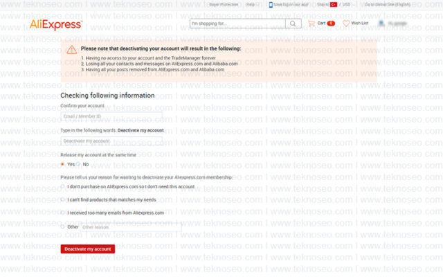 aliexpress,hesap silme,delete account,üyelik iptali,kalıcı hesap silme