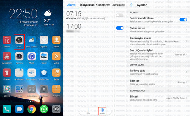 Huawei telefonlarda alarm ayarları
