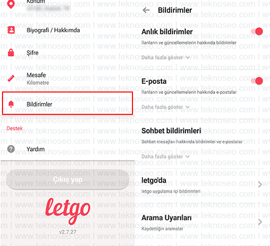 letgo,bildirimler,anlık bildirimler,e-posta bildirimleri,sohbet bildirimleri