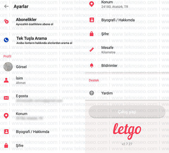 letgo,profil ayarları,profil resmi,e-posta adresi,şifre