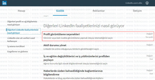linkedin,özel mod,anonim,profilimi kimler görüntüledi