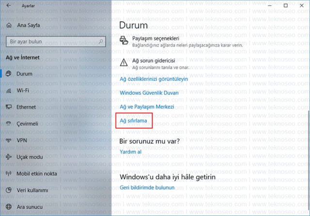 windows 10,ağ ayarları,sıfırlama,reset,ethernet sorunu