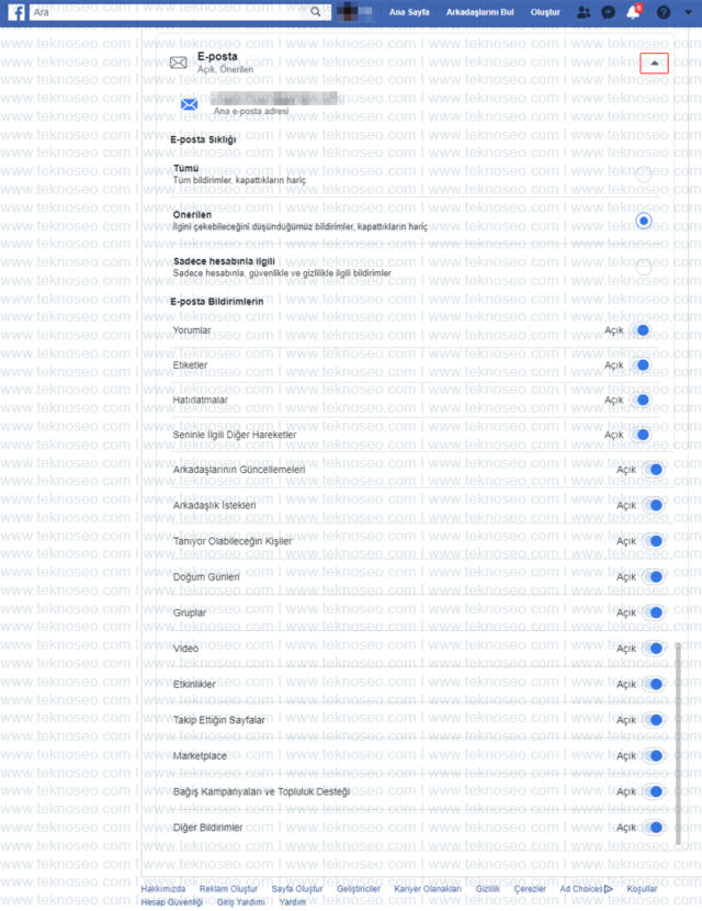 facebook,e-posta bildirim ayarları,bildirim ayarları