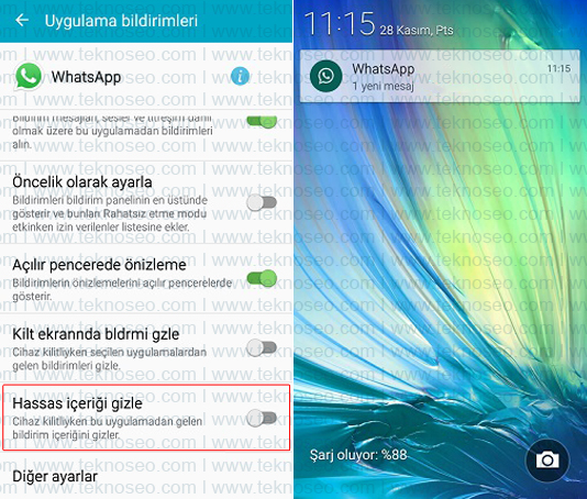samsung,a5,kilit ekranı,bildirim içeriği gizleme