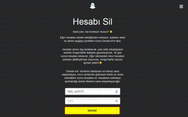 snapchat,hesap silme,delete account