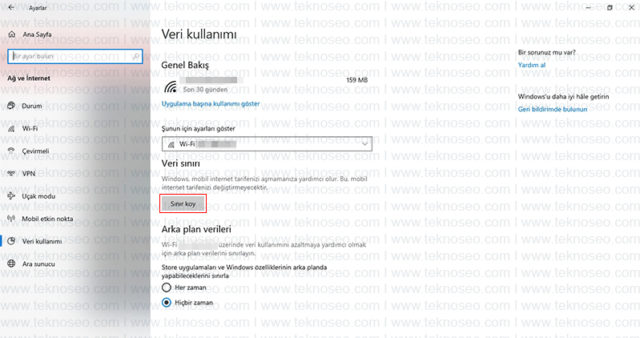 windows 10,internet,wi-fi,sınır koy,veri kullanımı