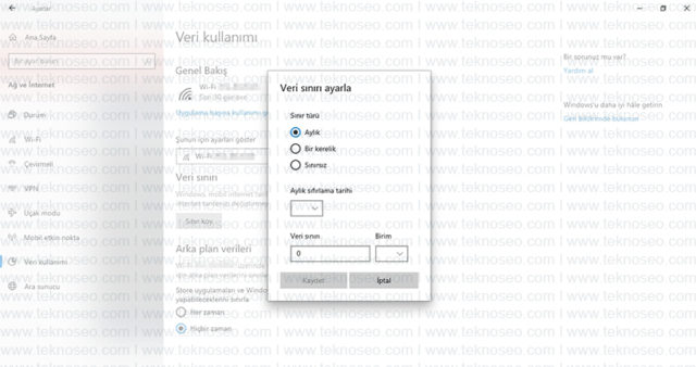 windows 10,internet,wi-fi,sınır koy,veri kullanımı