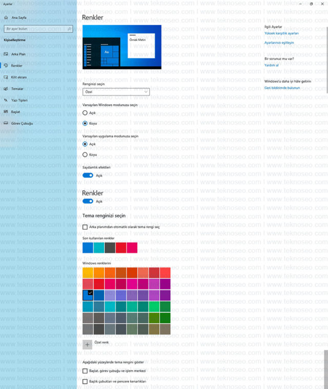 windows 10,tema,renk,kişiselleştir