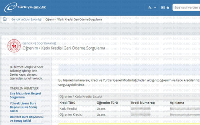 e-devlet,kyk kredi borcu sorgulama,öğrenim kredisi,katkı kredisi
