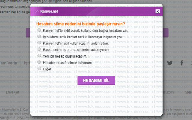 kariyer.net,kalıcı hesap silme,delete account,hesap silme linki
