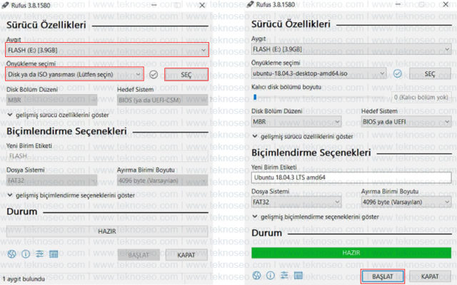 rufus,ubuntu,usb sürücüsü hazırlama