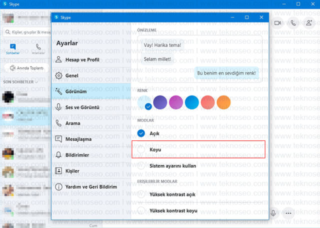 skype,karanlık mod,dark mode